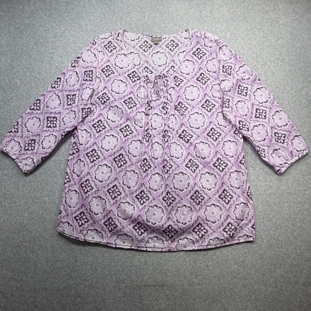 J Jill Shirt Womens Large Purple Geometric 3/4 Sleeve Tassel Tunic Top Boho